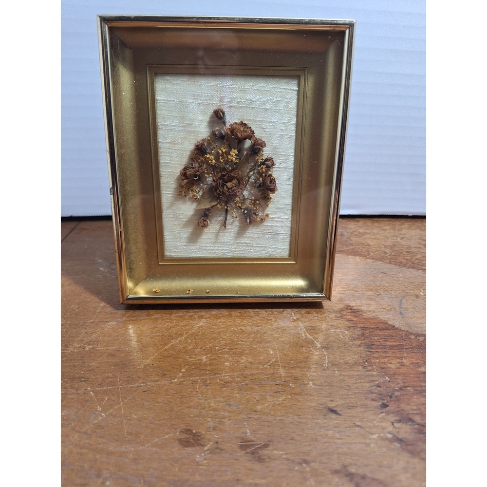 Vintage Gold Shadow Box Framed Dried Flower Botanical Art 5x6 Cottagecore
